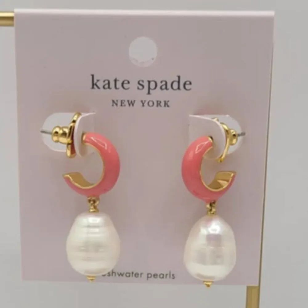 Kate Spade Pink Enamel Huggie Stud Hoop with Peal Dangle NWT! NEW!